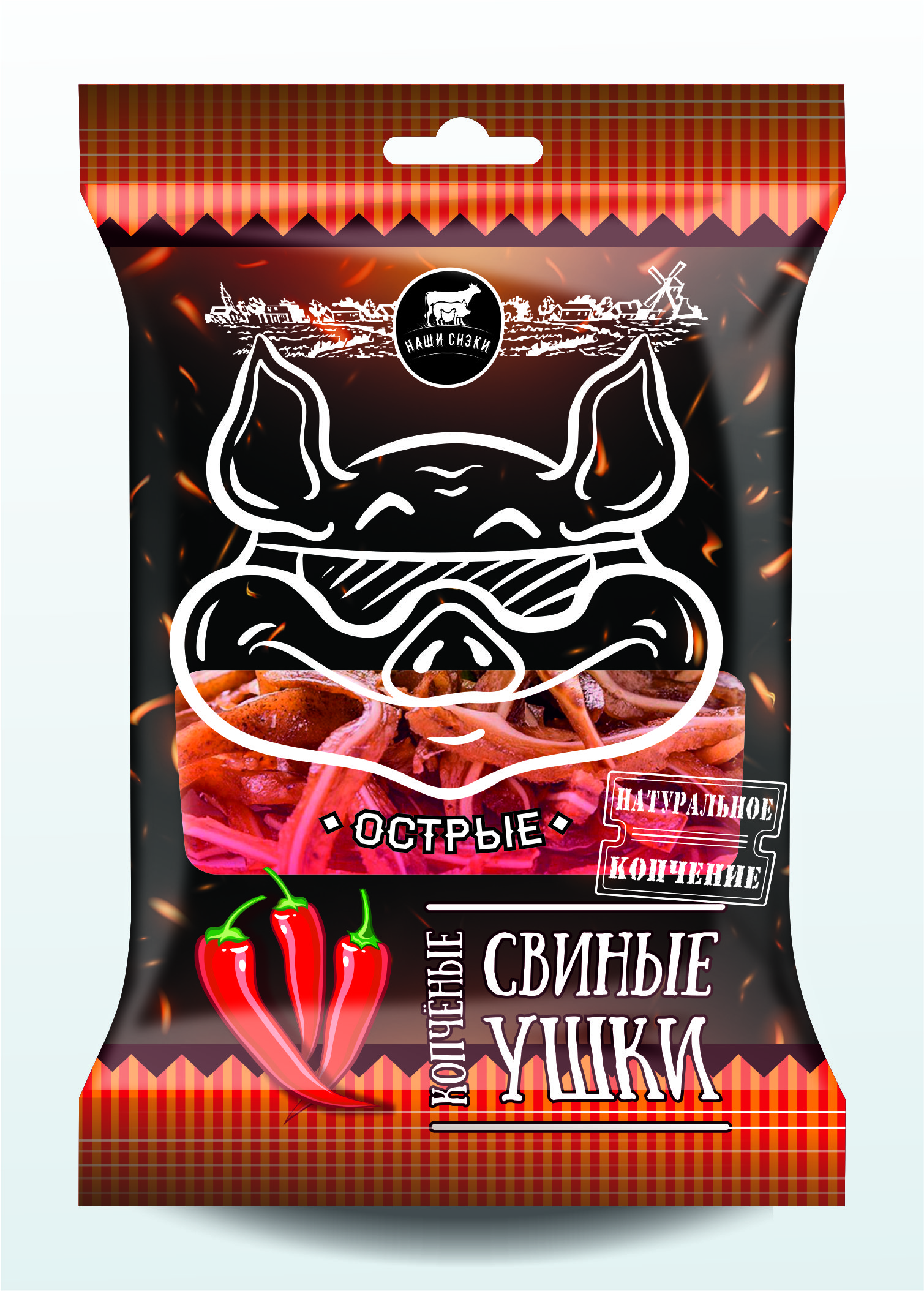 УШКИ СВИНЫЕ ВАРЕНО-КОПЧЕНЫЕ «ОСТРЫЕ» 90 гр